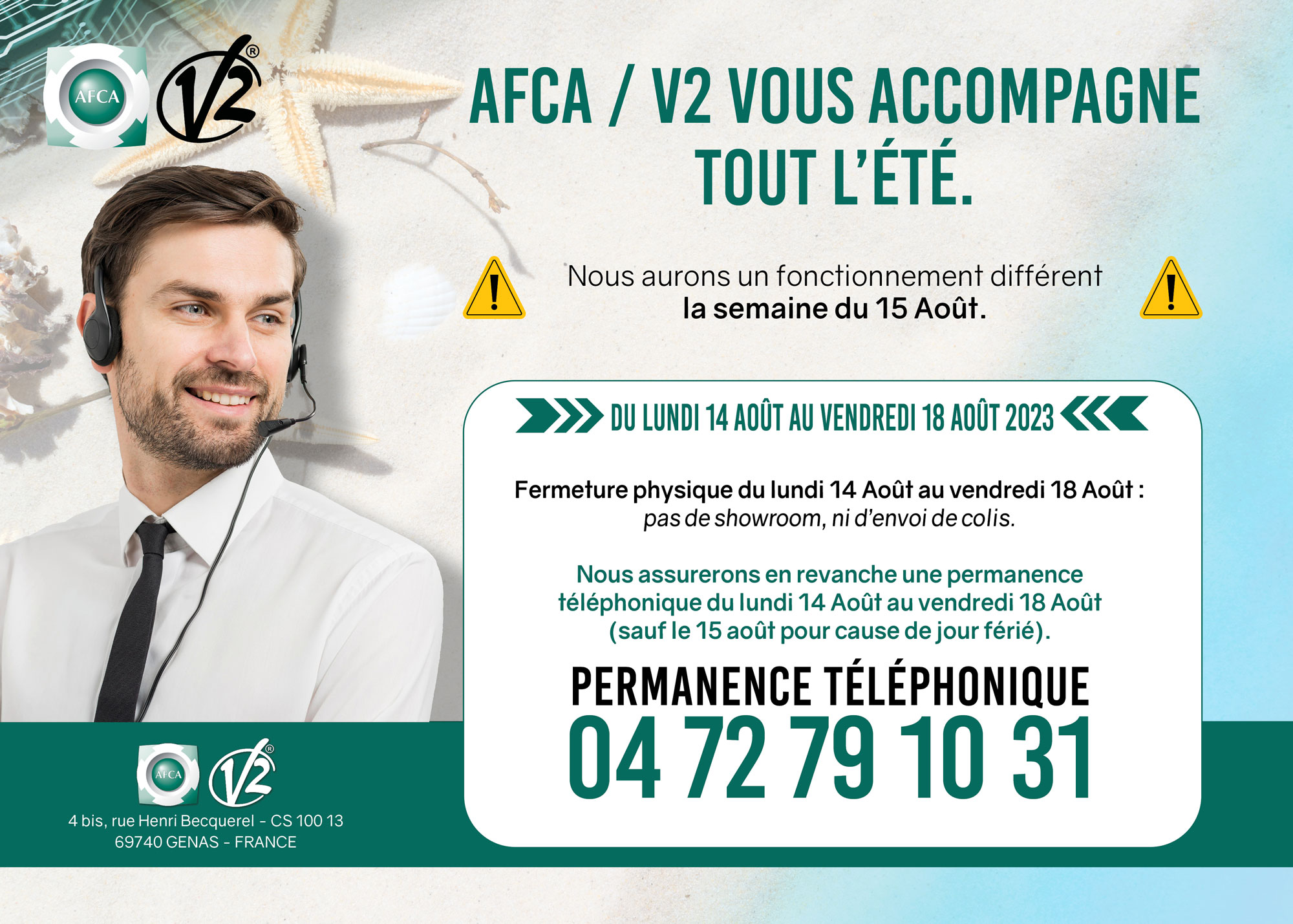 AFCA/V2 fermera physiquement la semaine du 15 Août 2023
